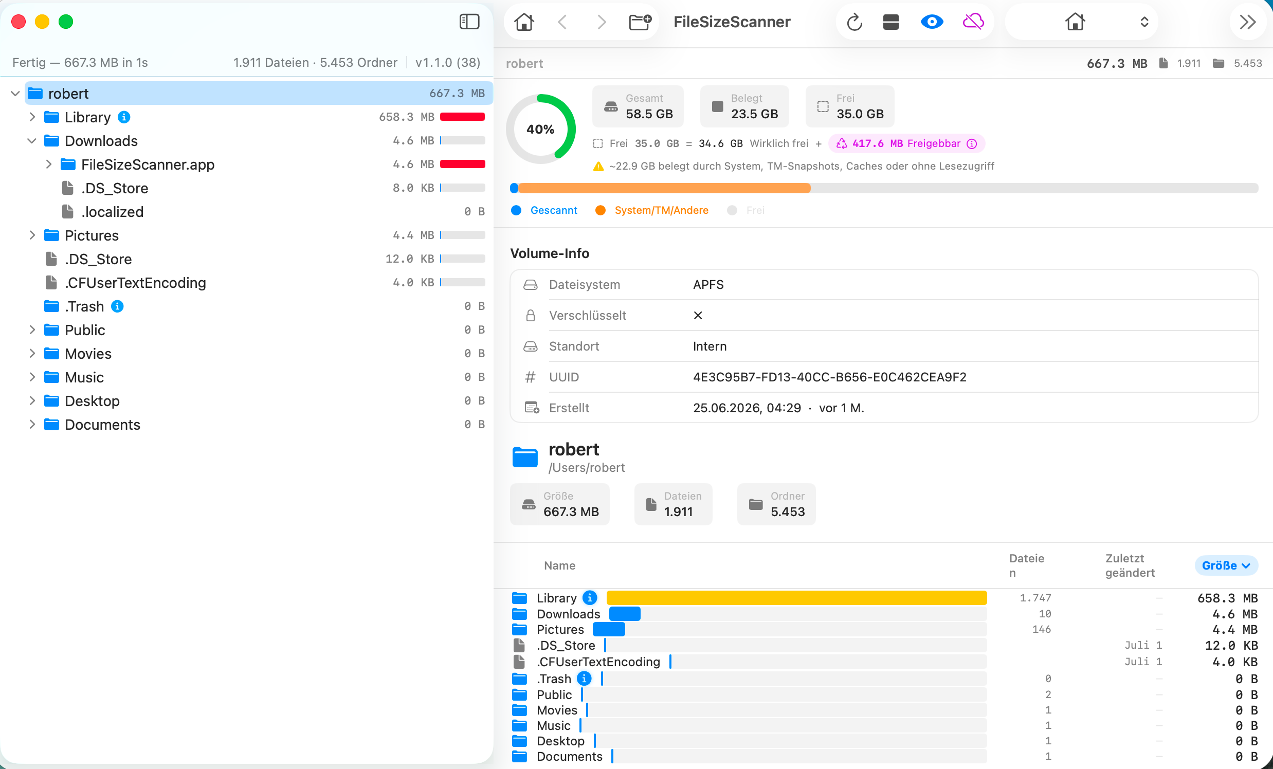 FileSizeScanner disk space analyzer for Mac showing disk usage overview